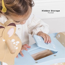 Le Toy Van Petilou Ride On in multi with hidden storage pocket detail, shown with young child lifting the lid