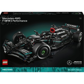 Lego Technic Mercedes-AMG F1 W14 E Performance model in black, detailed replica racing car with official team livery