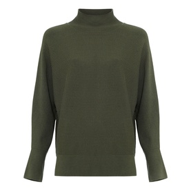 Phase Eight dark green ribbed knit jumper with mock turtleneck collar and dropped shoulders, no model