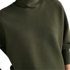 Phase Eight dark green textured knit roll-neck top, cropped sleeve detail, close-up view