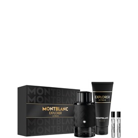 Montblanc Explorer Extreme fragrance gift set with EDP bottle, shower gel, and two travel sprays in black and gold packaging