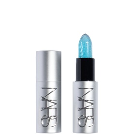 Nars Arctic Ph-Adjusting Lip Sheen in Sheer Bliss, blue bullet lipstick with silver tube, cap displayed alongside
