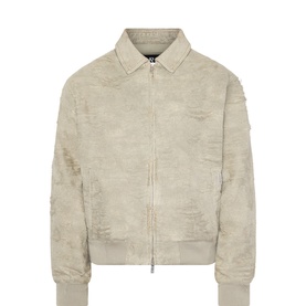 Represent Anarchy Distressed Overshirt in stone, zip fastening, pointed collar, ribbed trims, distressed texture detail throughout
