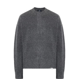 Represent Ramone Half-Buttoned Sweater in dark grey, crew neck with concealed half-button placket, ribbed trims, and straight hemline