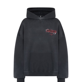 Represent hoodie in Vintage Black with small red graphic logo on chest, kangaroo pocket, and drawstring hood