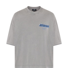 Represent Oxidised Grey cotton T-shirt with blue graphic chest print, crew neck, and short sleeves