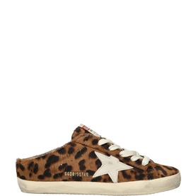 Golden Goose Super-Star Sabot in brown leopard-print pony hair with white leather star and off-white flatform sole