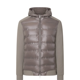 Arne Casual Jacket in olive, zip-through quilted front panel with hooded knit sleeves and ribbed cuffs