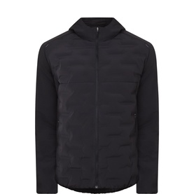 Arne black casual jacket with quilted front panels, zip fastening, and attached hood, contrasting knit sleeves