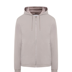 Arne taupe casual jacket with zip fastening, drawstring hood, and quilted lining detail