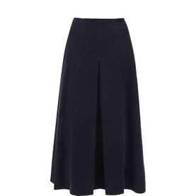Jigsaw navy midi skirt with A-line silhouette, box pleat front, and elasticated waistband