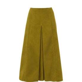 Jigsaw green corduroy midi skirt with front pleat and A-line silhouette, elasticated waistband