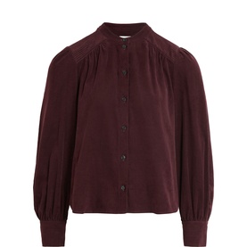 Jigsaw burgundy corduroy shirt with puffed sleeves, band collar, and button-through front