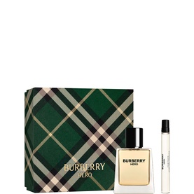 Burberry Hero Eau de Toilette Gift Set 50ml, featuring EDT bottle and travel spray, presented in green tartan gift box