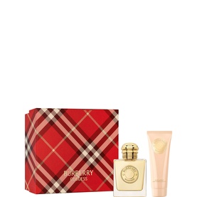 Burberry Goddess Eau de Parfum & Body Lotion Gift Set 50ml, red tartan gift box with gold bottle and blush body lotion tube