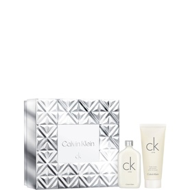Calvin Klein CK One Eau de Toilette & Shower Gel Gift Set, 50ml, in silver geometric patterned gift box with EDT bottle and body gel tube