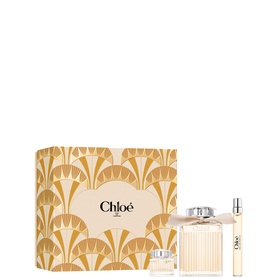 Chlo&eacute; Eau de Parfum Gift Set 100ml, featuring large EDP bottle, travel spray, and decorative gold art deco gift box