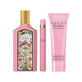 Gucci Flora Gorgeous Gardenia Eau de Parfum & Perfumed Body Lotion Gift Set, three-piece in pink floral packaging