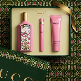 Gucci Flora Gorgeous Gardenia Eau de Parfum & Body Lotion Gift Set with EDP bottle, travel spray and lotion in pink packaging