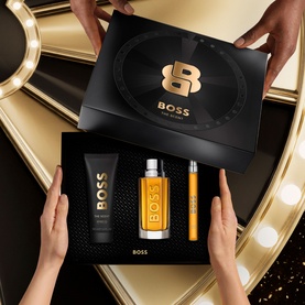 Hugo Boss The Scent Eau de Toilette & Shower Gel Gift Set 100ml, black and gold box with EDT, travel spray, and shower gel
