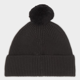 Lacoste black ribbed knit beanie with oversized faux fur pom-pom and wide folded cuff, in lyocell-wool blend