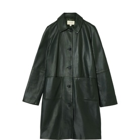 Jigsaw dark green leather longline coat with spread collar, single-breasted button front, and relaxed fit