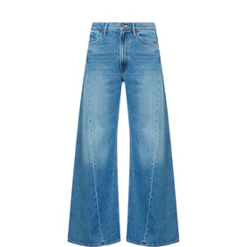 Mother Rolling In The Dough wide leg jeans in mid-blue denim wash with centre front seam detail and full-length leg