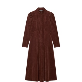 Mint Velvet brown corduroy midi dress with zip front, puff shoulders, long sleeves and A-line skirt