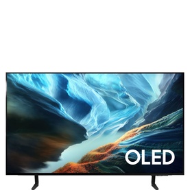 Samsung OLED TV with slim black frame, two-leg stand, displaying vivid blue abstract landscape on screen