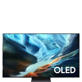 Samsung S90H 48" OLED 4K Smart TV in black, slim profile with ultra-thin bezels, displaying vivid blue abstract screensaver