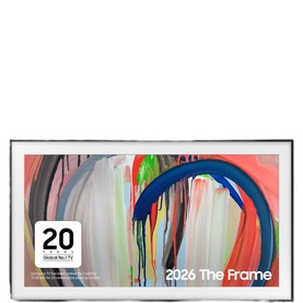 Samsung LS03HE 43" The Frame 4K QLED TV in black, displaying vibrant abstract artwork in a slim picture-frame design