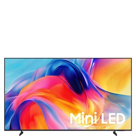 Samsung M70H Mini LED 4K Vision AI 50" Smart TV in black, slim bezels, displaying vibrant multicolour abstract screen content