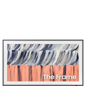 Samsung The Frame QLED 4K Smart TV in black, displaying abstract brushstroke artwork in blue, grey and coral tones