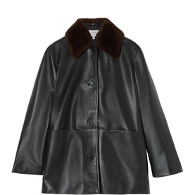 Jigsaw black leather jacket with brown faux fur collar, button front fastening, and side pockets