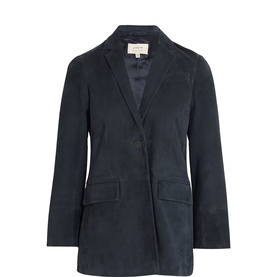 Jigsaw navy suede single-breasted blazer with notch lapels, flap pockets and long sleeves, flat lay view