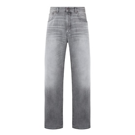 Acne ash grey jeans with relaxed straight leg, faded wash, five-pocket styling and leather patch detail at waistband