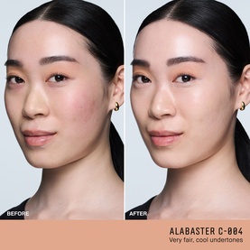 Before and after split showing Alabaster C-004 shade on model, very fair cool undertones, demonstrating coverage and skin finish