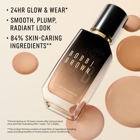 Bobbi Brown Skin Longwear Weightless Foundation bottle with swatches in warm nude shades, highlighting 24hr glow and skin-caring benefits