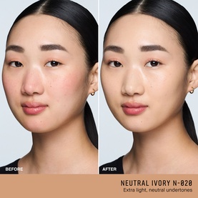 Model with before and after foundation application in shade Neutral Ivory N-020, showing extra light, neutral undertones on fair skin