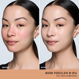 Model with before and after foundation application in shade Warm Porcelain W-B16, fair warm undertones, showing skin coverage results