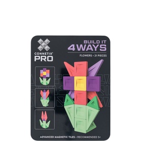 Connetix PRO Build It 4 Ways Flowers magnetic tiles set, 21 multicoloured pieces, shown assembled as a flower in a pot on packaging.
