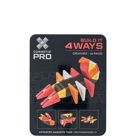 Connetix Pro Build It 4 Ways Creatures magnetic tile set, 36 pieces in red, orange and white, packaged on card