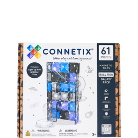 Connetix 61-Piece Galaxy Ball Run Magnetic Tiles set in multi-colour blue, black and silver, includes Light Up Ball and Glitter Tiles