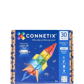 Connetix 30-piece Magnetic Tiles Light Rocket Pack in multicolour, featuring a light-up tile, for ages 3+