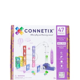 Connetix 47-Piece Magnetic Tiles Ball Run Launcher Pack in multicolour, shown in box with illustrated marble run design