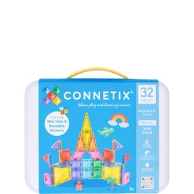 Connetix 32-piece magnetic tiles travel mini pack in multi colours, displayed in portable carry case with handle