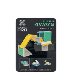 Connetix PRO Build It 4 Ways Vehicles 30-piece magnetic tile set in multi-colour packaging, recommended age 5+