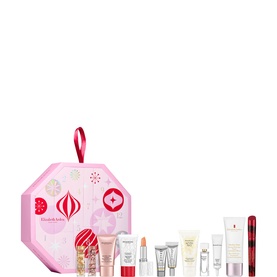 Elizabeth Arden Beauty All Advent Calendar, pink hexagonal gift box with festive ornament print and 12 skincare and beauty miniatures