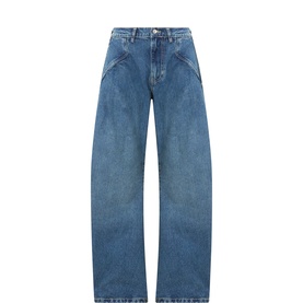 Free People jeans in Deacon Blue, wide-leg relaxed fit with faded wash, contrast stitching and curved seam detailing, 100% cotton