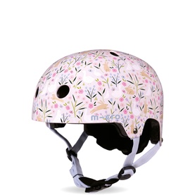 Micro Scooters children's helmet in pink with floral and bunny print, adjustable chin strap, padded interior visible